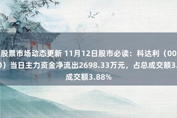 股票市场动态更新 11月12日股市必读：科达利（002850）当日主力资金净流出2698.33万元，占总成交额3.88%