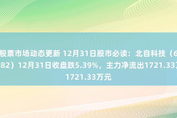 股票市场动态更新 12月31日股市必读：北自科技（603082）12月31日收盘跌5.39%，主力净流出1721.33万元