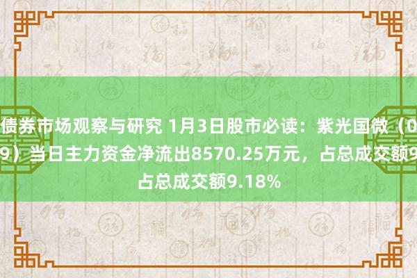 债券市场观察与研究 1月3日股市必读：紫光国微（002049）当日主力资金净流出8570.25万元，占总成交额9.18%