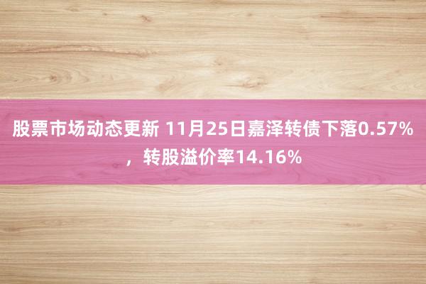 股票市场动态更新 11月25日嘉泽转债下落0.57%，转股溢价率14.16%