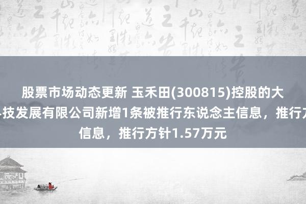 股票市场动态更新 玉禾田(300815)控股的大庆市庆禾润科技发展有限公司新增1条被推行东说念主信息，推行方针1.57万元