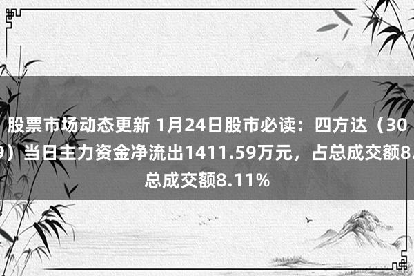 股票市场动态更新 1月24日股市必读：四方达（300179）当日主力资金净流出1411.59万元，占总成交额8.11%