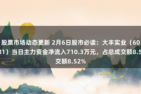 股票市场动态更新 2月6日股市必读：大丰实业（603081）当日主力资金净流入710.3万元，占总成交额8.52%