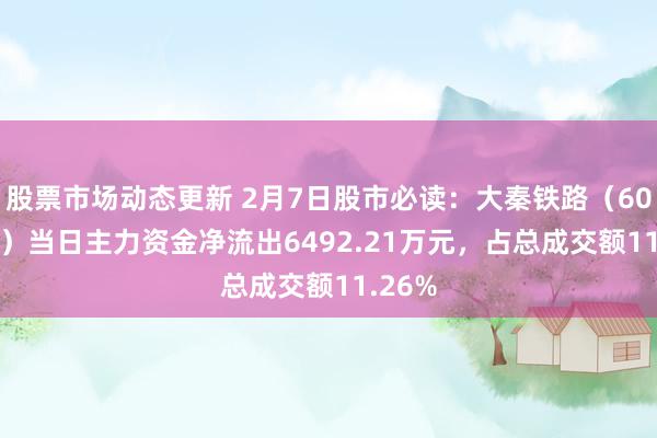 股票市场动态更新 2月7日股市必读：大秦铁路（601006）当日主力资金净流出6492.21万元，占总成交额11.26%