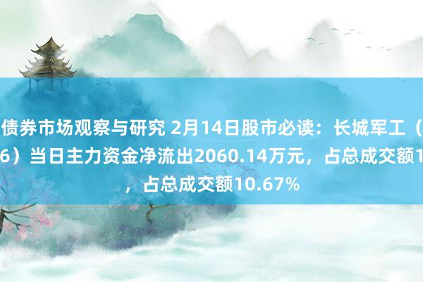 债券市场观察与研究 2月14日股市必读：长城军工（601606）当日主力资金净流出2060.14万元，占总成交额10.67%